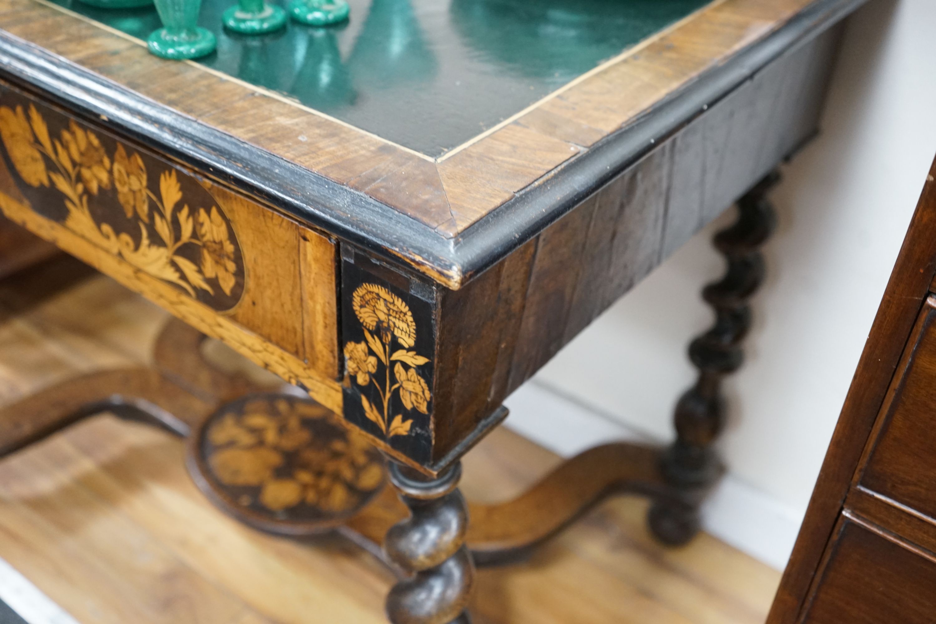 An 18th century marquetry inlaid oak and walnut side table, width 93cm, depth 63cm, height 75cm